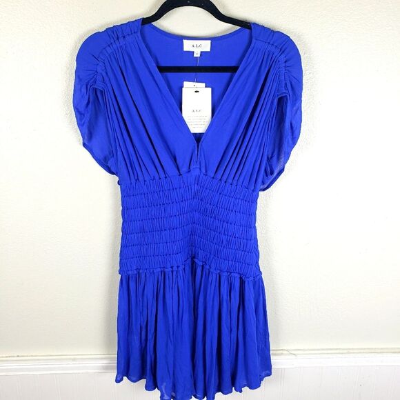 A.L.C. NWT Luna Colbat Blue Smocked Pleated V-Neck Draped Mini Dress Size XS - Picture 1 of 13
